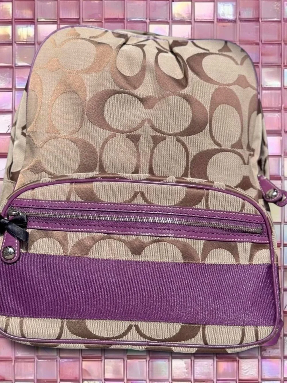 Coach Taupe Canvas Backpack with Purple Trim